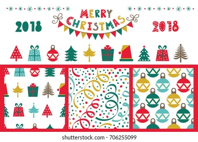 Christmas set. Three seamless patterns and festive attributes.
