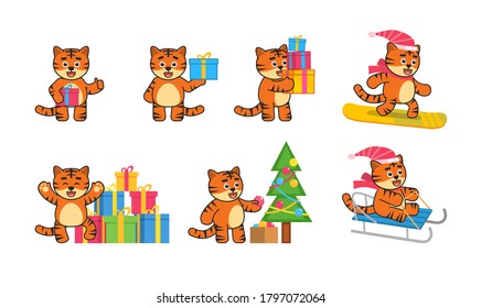 Christmas set of tiger mascot characters in various situations. Cute tiger holding gift box, snowboarding, riding sleigh and showing other actions. Vector illustration bundle