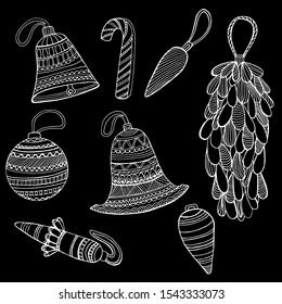 Christmas set of Christmas toys. Graphic arts. Suitable for packaging, books, New Year's design, wallpaper, textiles. Drawn by hand. antistress coloring