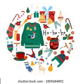 Christmas set with traditional symbols of winter holidays.Happy New Year 2021 concept.Hot mulled wine in glass,knit hat and sweater,toys for tree,elf stocking,candy cane,bell.Poster for sale,gift card