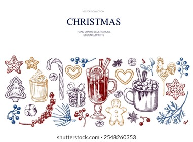 Christmas set tree, balls, fir branches, food and drink gingerbread man hand drawn Isolated vector illustration. Collection for holiday menu, party, New Year cards, invitation. Engraving style