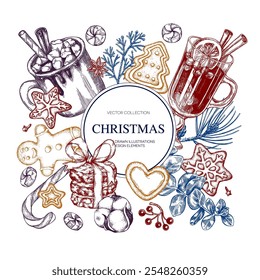 Christmas set tree, balls, fir branches, food and drink gingerbread man hand drawn Isolated vector illustration. Collection for holiday menu, party, New Year cards, invitation. Engraving style