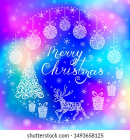 Christmas set: Christmas tree, Christmas balls, reindeer, gifts, snowflakes against the backdrop of the northern lights. Merry Christmas lettering. Happy New Year. Greeting card, poster, banner.