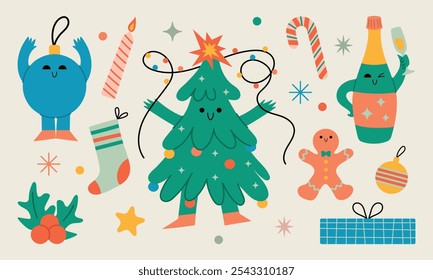 Christmas set. Christmas tree, champagne, gingerbread, gifts, toys. Funny characters. Vector illustration for holiday design