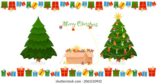 Christmas set. Christmas tree decorations, a box with Christmas decorations, garlands, gift boxes along the contour. Isolated image on a white background. Vector illustration in cartoon style.