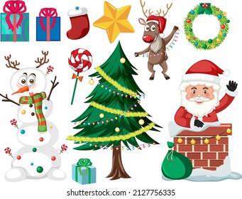 Christmas set with tree and decorations illustration