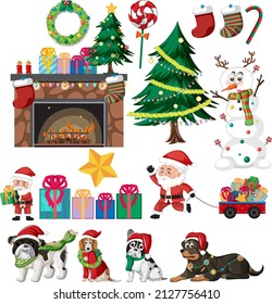 Christmas set with tree and decorations illustration