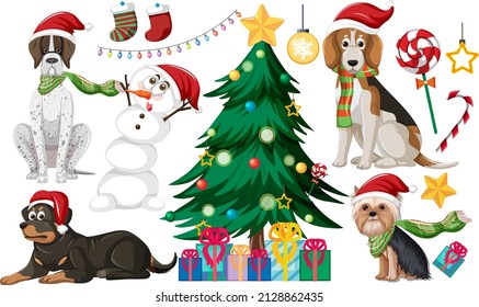 Christmas set with tree and decorations illustration