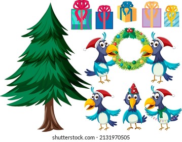 Christmas set with tree and decorations illustration