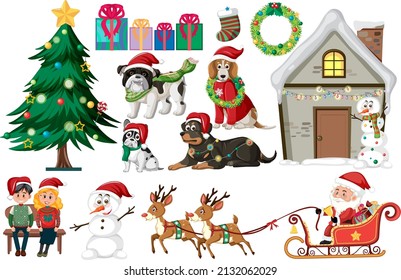 Christmas set with tree and decorations illustration