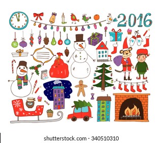 Christmas Set: tree, garland, car, house, monkey, gift, snowman