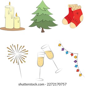 christmas set, tree, garland, socks, sparkler, glasses