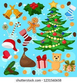 Christmas set with Christmas tree, gifts and candy.