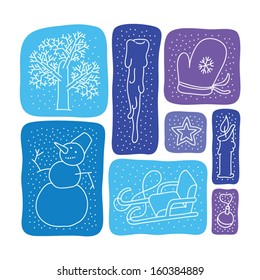 Christmas set. Tree, icicle, mitten, snowman and other holiday design elements in vector.