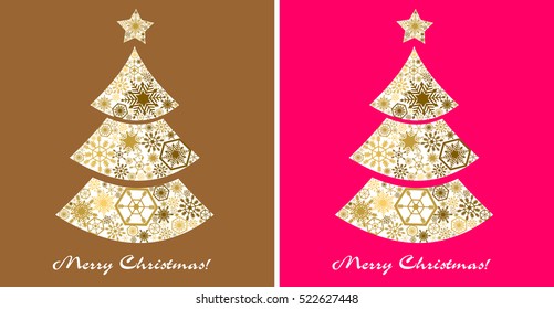 Christmas set. Christmas tree on a gold and pink background