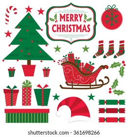 Christmas set with Christmas tree, Present, sleigh, star design vector illustration