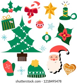 Christmas set. Tree, presents and flowers.