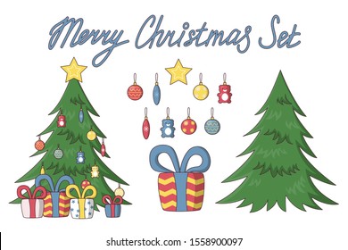 Christmas set, tree with presents, toys and greeting. Vector illustration in cute cartoon style