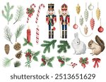Christmas set. Christmas tree, rabbit, squirrel, fir branch, candy cane, nutcracker, candle, mistletoe, cone, berry, bow, ball elements. Holiday decoration.