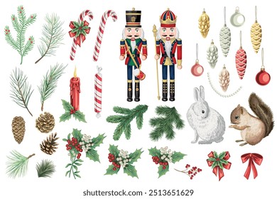 Christmas set. Christmas tree, rabbit, squirrel, fir branch, candy cane, nutcracker, candle, mistletoe, cone, berry, bow, ball elements. Holiday decoration.