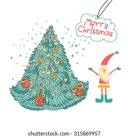 Christmas set Christmas tree, Santa Claus and the label "Merry Christmas"