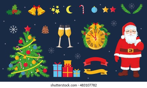 Christmas set with Christmas tree, Santa Claus, Glasses of champagne, christmas clock, bells and gifts. Vector illustration of New Year icons.