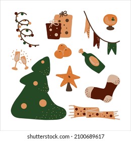 Neues Jahr festgelegt. Weihnachtsbaum, Stern, Schneekugel, Socken, Geschenke, Schal, Garland, Flaggen, Tangerinen, Flasche Champagner, Gläser Champagner. Vektorhand zeichnet Cartoon-Illustration. 