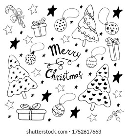 Christmas set of christmas trees, balls, and presents in doodle style for greeting cards and invitations of the Merry Christmas, Happy New Year. Christmas decorations.