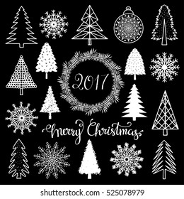 Christmas set. Trees, snowflakes, ball, wreath, frame, 2017 number hand drawn isolated on black background. Handwritten font