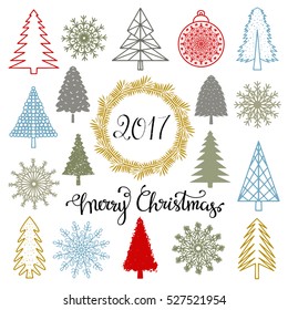 Christmas set. Trees, snowflakes, ball, wreath, frame, 2017 number hand drawn isolated on white background. Handwritten font