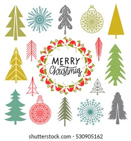 Christmas set. Trees, snowflakes, ball, frame hand drawn isolated on white background. Handwritten font. Vector design