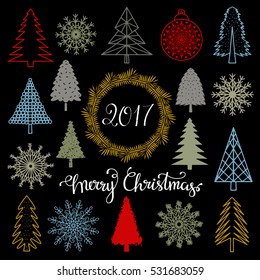 Christmas set. Trees, snowflakes, ball, wreath, frame, 2017 number hand drawn isolated on black background. Handwritten font. Vector design