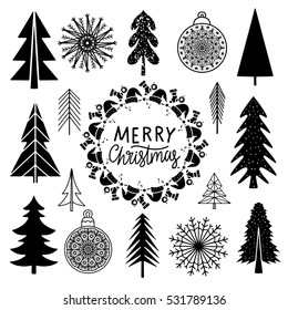 Christmas set. Trees, snowflakes, ball, frame hand drawn isolated on white background. Handwritten font. Vector design