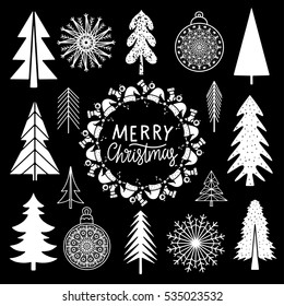 Christmas set. Trees, snowflakes, ball, frame hand drawn isolated on black background. Handwritten font