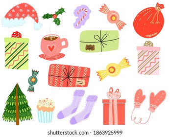 Christmas set in trendy colors. Flat scandinavian concept of gifts with ribbon and wrapping paper, candy cane, fir, sack, gloves, santa hat. Creative ideas for design of cover, package, web