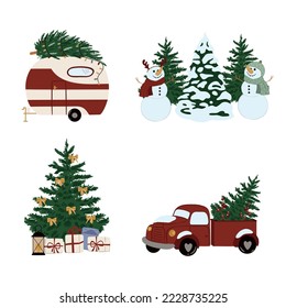 
Christmas set with trucks, houses, firs, snowman. Christmas village. Vector, illustration