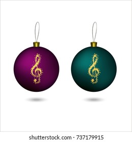 Christmas set of two balls of rich pink and green tones with a picture of a golden treble clef with sparkles. Vector illustration