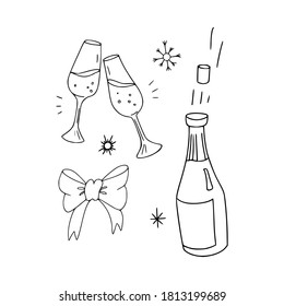 Christmas set of two glasses, a bottle of champagne and a gift bow. Festive winter concept. Doodle style. Vector illustration on isolated background. For printing on fabric, postcards, web.