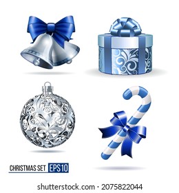 Christmas set with two handbells, gift box, candy cane and christmas ball. Realistic vector elements for design greeting cards.