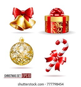 Christmas set with two handbells, gift box, candy cane and christmas ball. Realistic vector elements for design greeting cards.