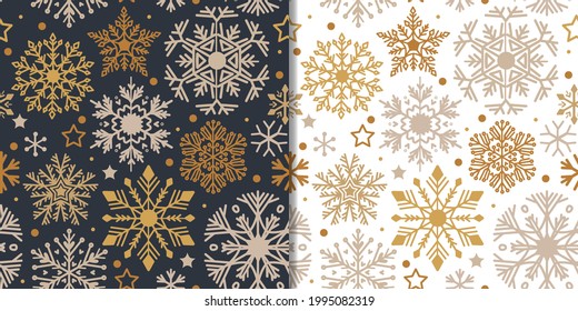 Christmas set with two seamless pattern and cute winter snowflakes elements, vector design. Simple Christmas background with geometric motifs. Traditional retro textile collection