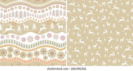 Christmas set of two seamless patterns with elements in pastel colors. Vector deer, Christmas trees, snowflakes in horizontal wavy stripes and deer on beige