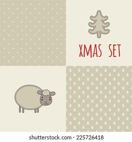 Christmas set. Two seamless patterns and two illustrations - sheep and xmas tree. For cards, scrapbook, invitations, save the date cards, etc.