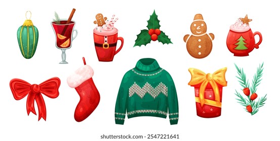 Christmas set with ugly sweater, holly berry and mulled wine. Vector holiday illustration