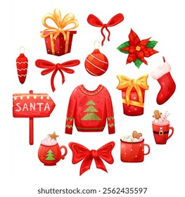 Christmas  set with ugly sweater, mug and bow in red color. Vector holiday illustration