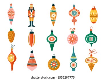 Christmas set of various tree decorations. Nutcracker and ball toy. Winter Holidays collection for postcard, banner, invitation, wrapping paper etc. Vector illustration.