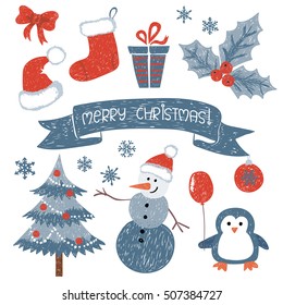 Christmas set. Vector collection of doodle Christmas and New Year cute design elements
and characters. Holiday children drawings. 