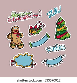 Christmas set. Vector Collection, isolated elements. Holiday stickers. Vector illustration. Doodle. Gingerbread Man. Frames. Lettering "winter", "hello", Merry Christmas "
