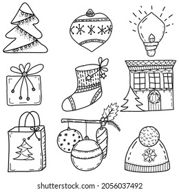  Christmas set of vector doodle illustrations. Hand drawn outline elements for your design. Snowman, Christmas tree, christmas ball, gift box, little penguin, christmas stocking, knitted hat, wreath