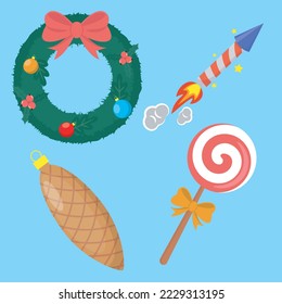 christmas set of vector elements includes wreath, firework rocket, candy and christmas glass cone